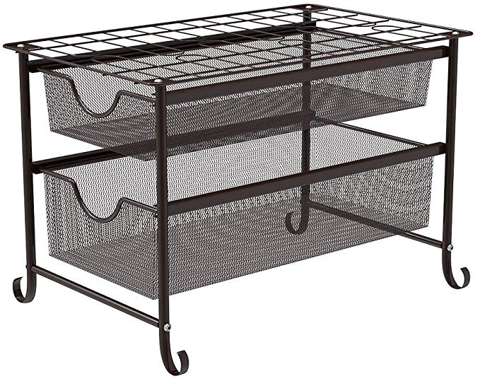 2-Tier Sliding Cabinet Basket Organizer, Storage Shelf Drawer Brown