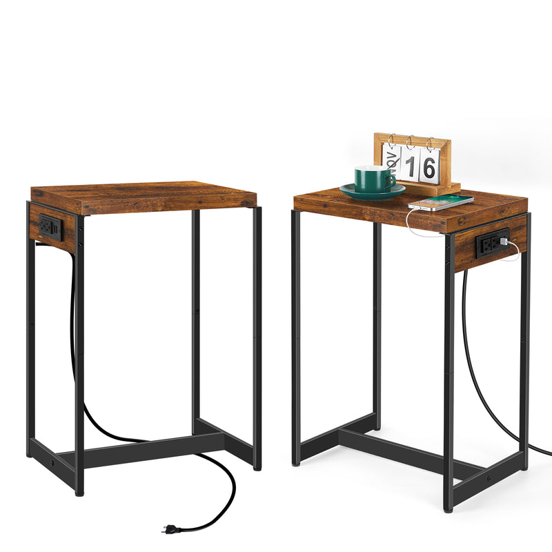 Set of 2 Narrow Nightstands with USB Ports, Brown