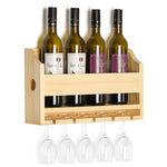 Wall-Mounted Wooden Wine Rack with 5 Bottle Holders and 4 Stemware Glass Hanger – Chic Kitchen and Home Bar Décor