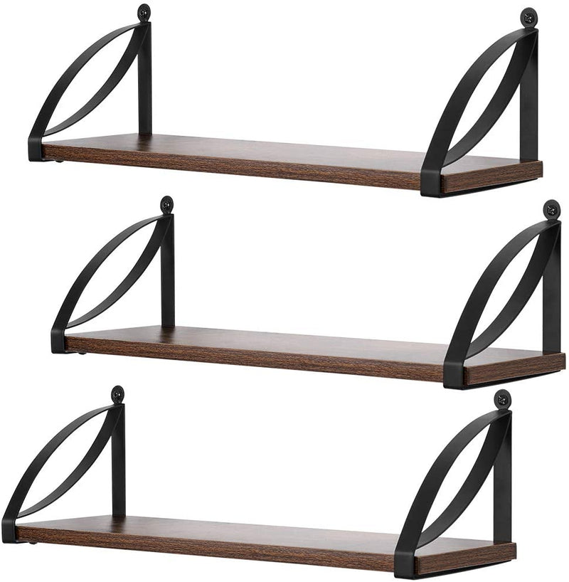 Wall-Mounted Floating Shelves, 3-Piece Set Of Rustic Solid Wood Wall-Mounted Storage Racks, Brown