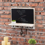 Wood Wall Mounted Chalkboard Sign with Display Shelf and 5 Dual Metal Key Hooks（Grey white）